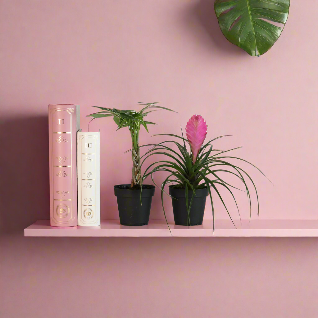 4" Duo featuring Pink Quill and Braided Money Tree on shelf. 