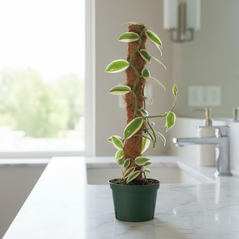 Vanilla Planifolia Orchid 'Albo-Variegata' in Bathroom.